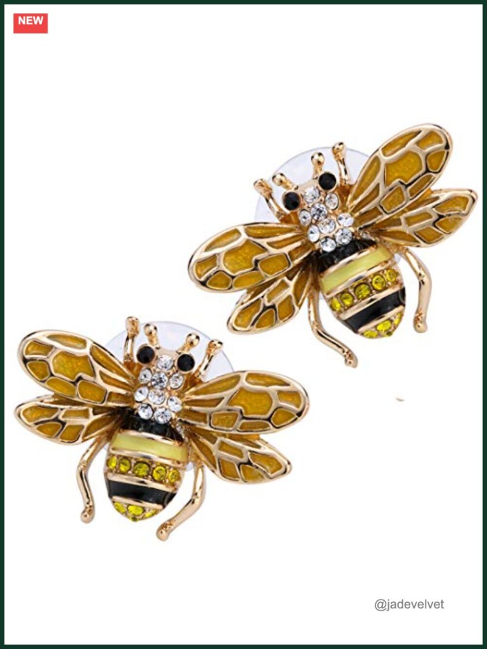 Honey Bee Stud Earrings Crystal Gold Plated Brass Push Back